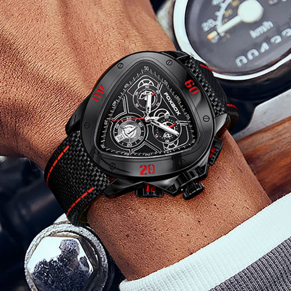 FOXBOX Triangular Dial Leather Casual Military Sport Chronograph Watch