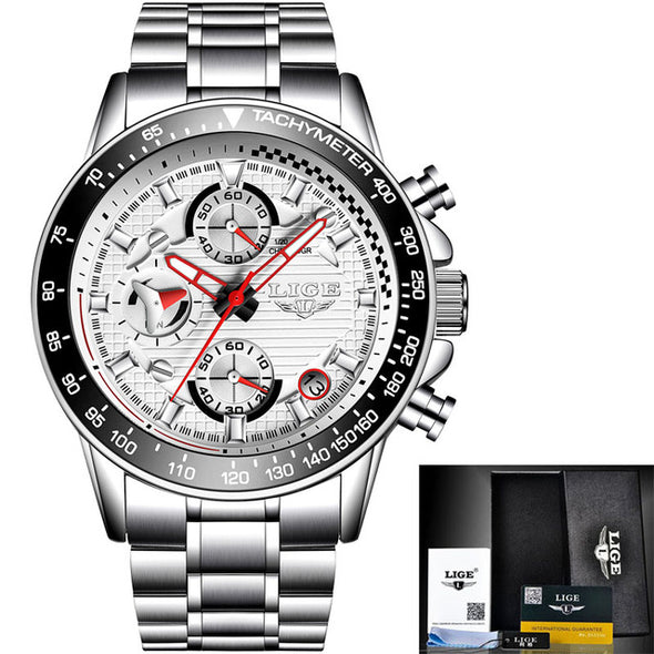 LIGE  Business Full Steel Sport Quartz Chronograph Wrist Watch